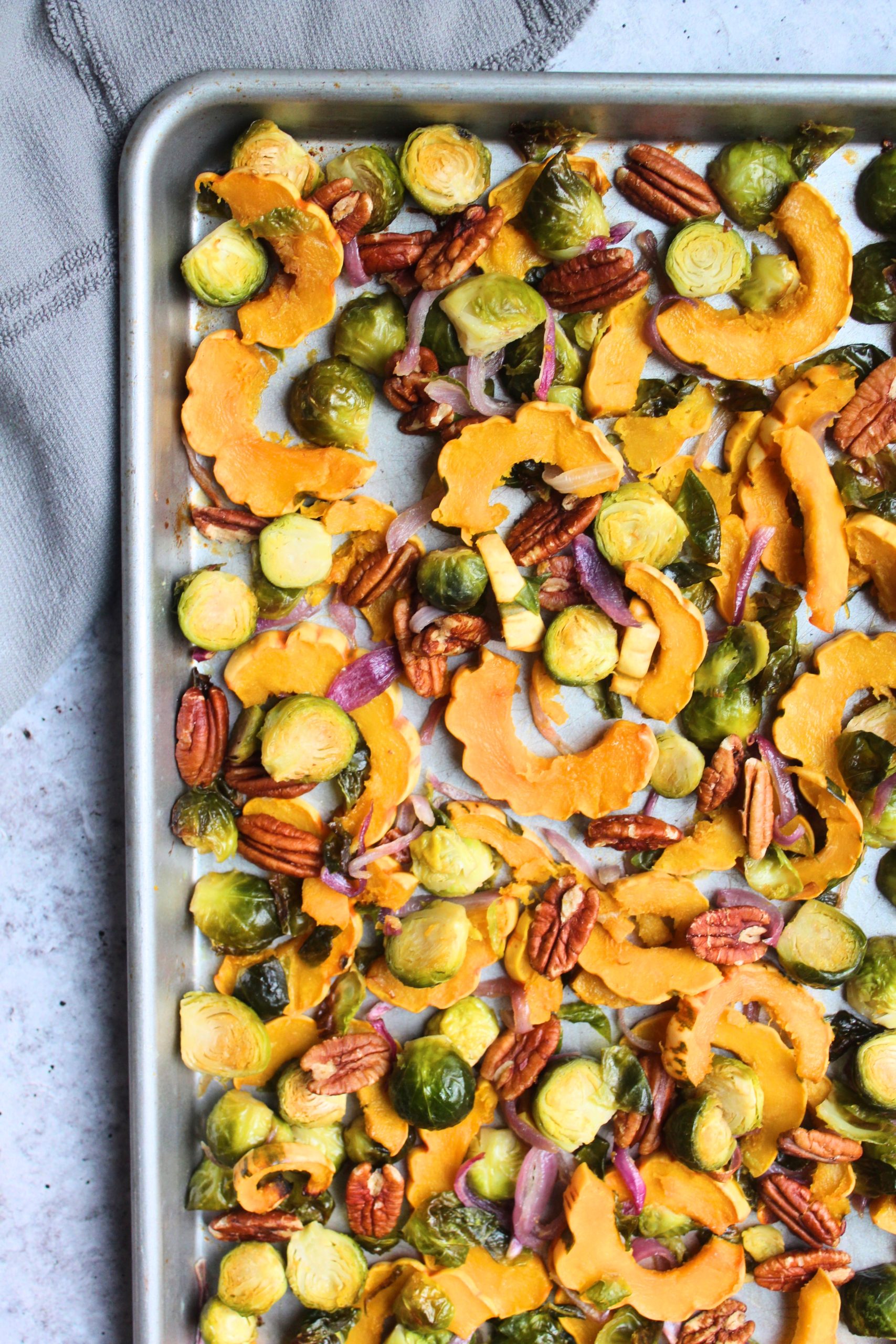 Roasted Brussel Sprouts with Delicata Squash and Pecans
