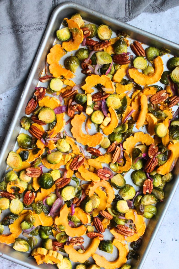 Roasted Brussel Sprouts with Delicata Squash and Pecans
